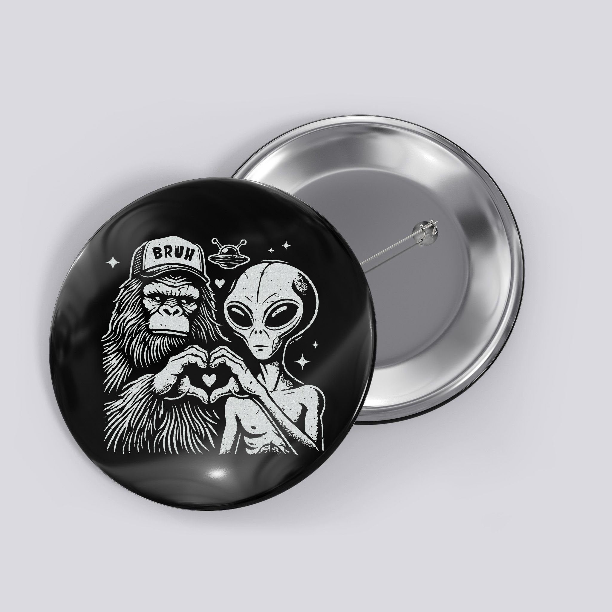Vintage Funny Bigfoot And Alien Heart Hand Sign Button