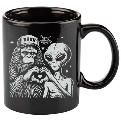Vintage Funny Bigfoot And Alien Heart Hand Sign 11oz C Handle Ceramic Mug