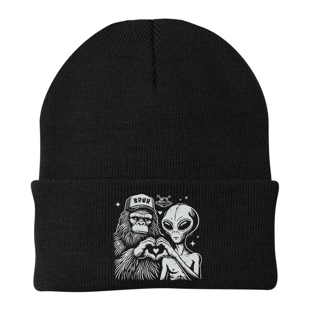 Vintage Funny Bigfoot And Alien Heart Hand Sign Beanie