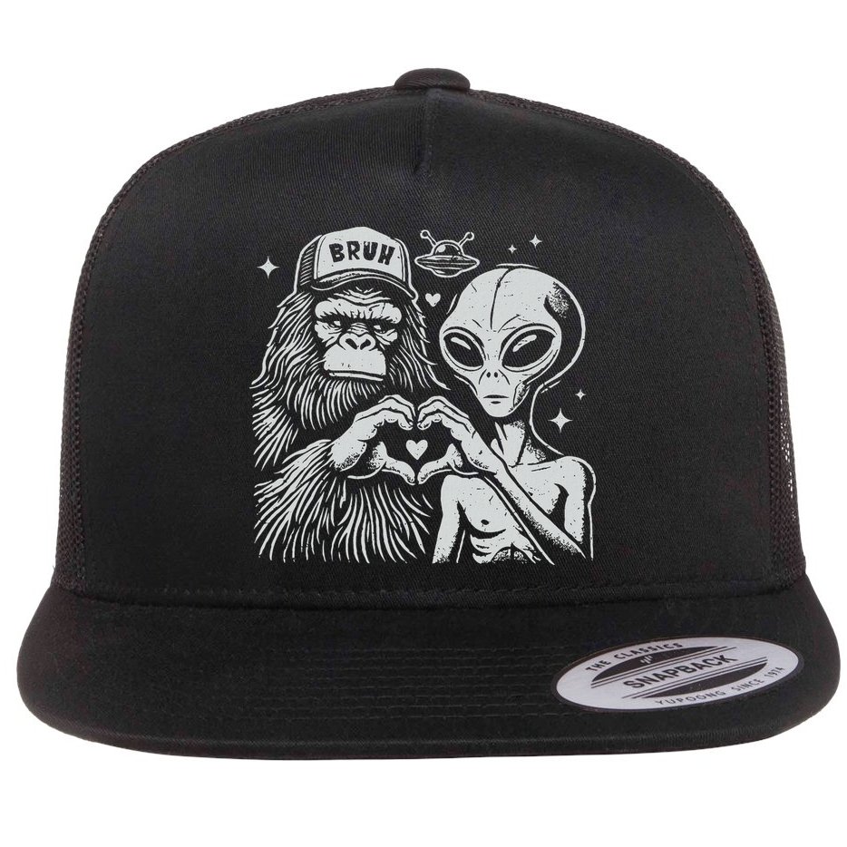 Vintage Funny Bigfoot And Alien Heart Hand Sign Flat Bill Trucker Hat