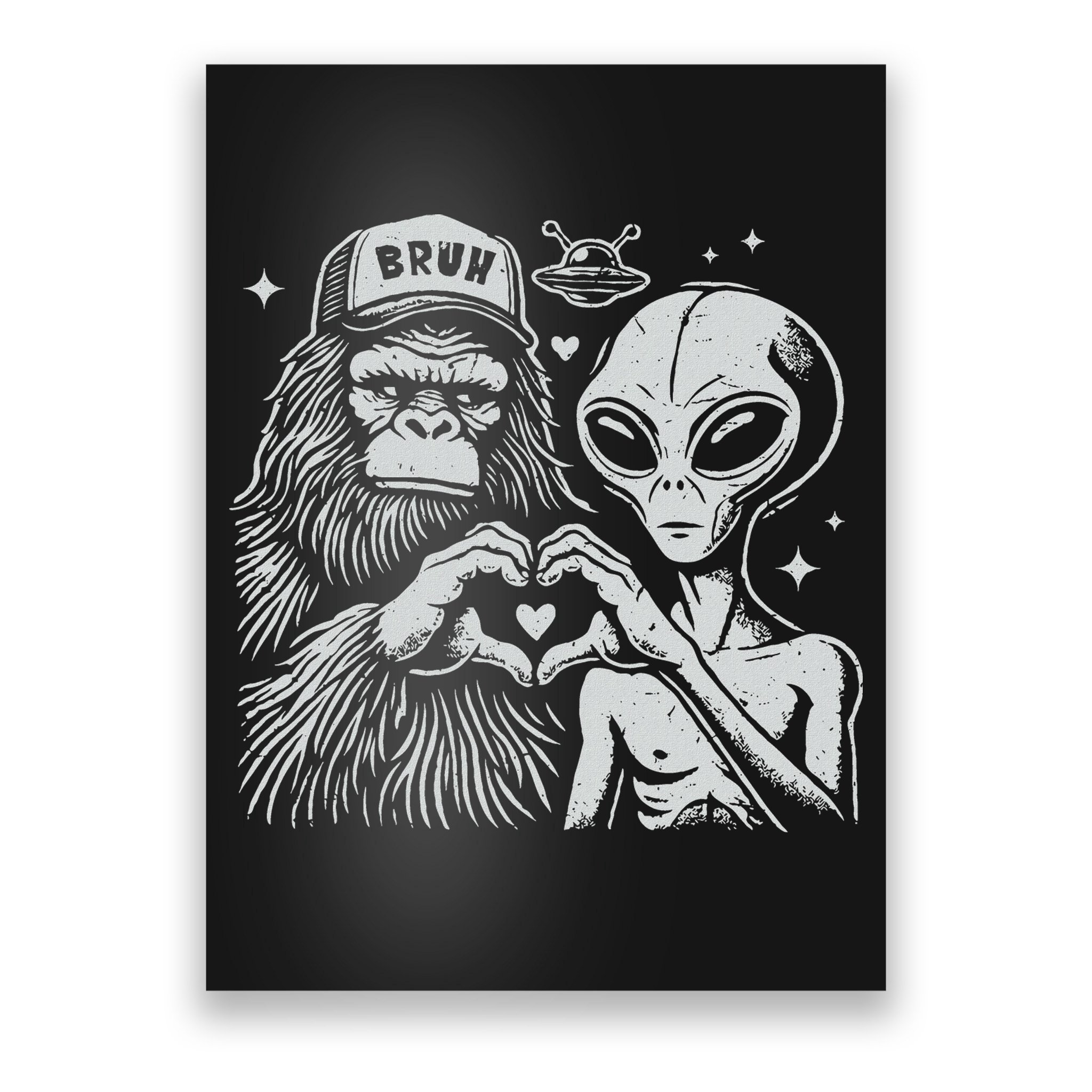 Vintage Funny Bigfoot And Alien Heart Hand Sign Poster
