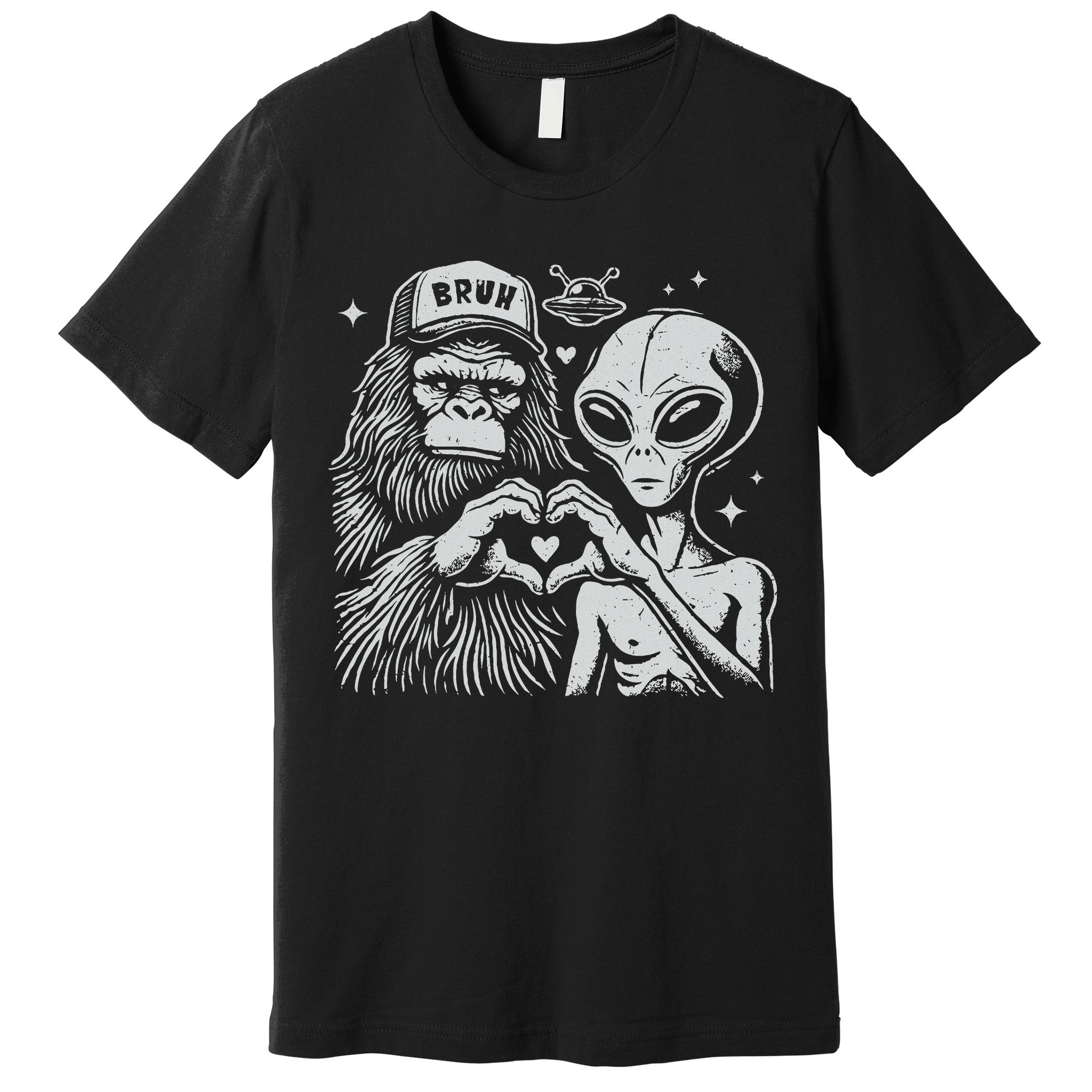 Vintage Funny Bigfoot And Alien Heart Hand Sign Premium T-Shirt