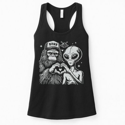 Vintage Funny Bigfoot And Alien Heart Hand Sign Womens Tank Top