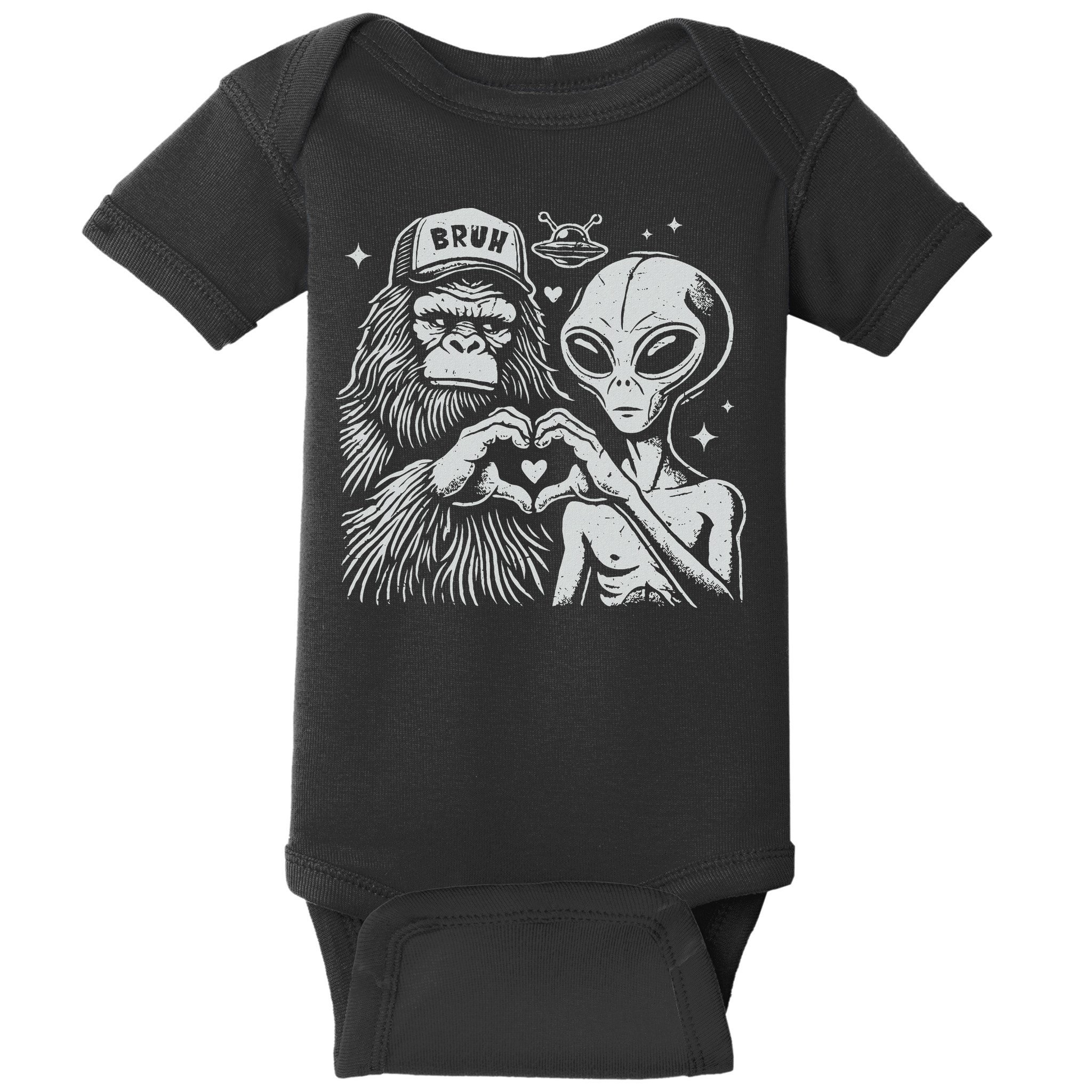 Vintage Funny Bigfoot And Alien Heart Hand Sign Baby Bodysuit
