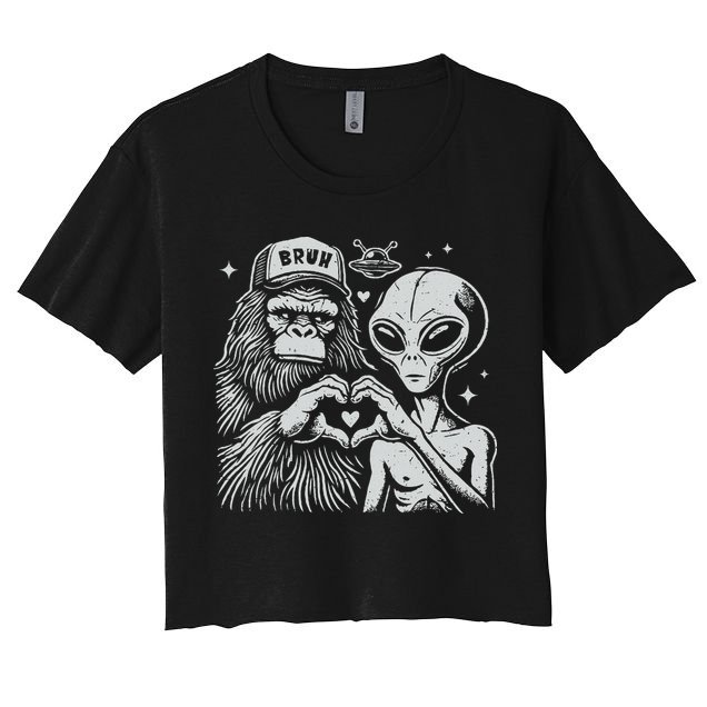Vintage Funny Bigfoot And Alien Heart Hand Sign Women's Crop Top Tee