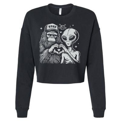 Vintage Funny Bigfoot And Alien Heart Hand Sign Cropped Pullover Crew