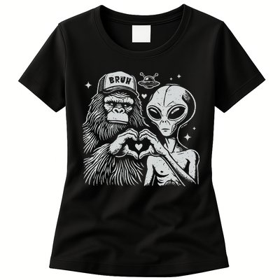 Vintage Funny Bigfoot And Alien Heart Hand Sign Womens T-Shirt