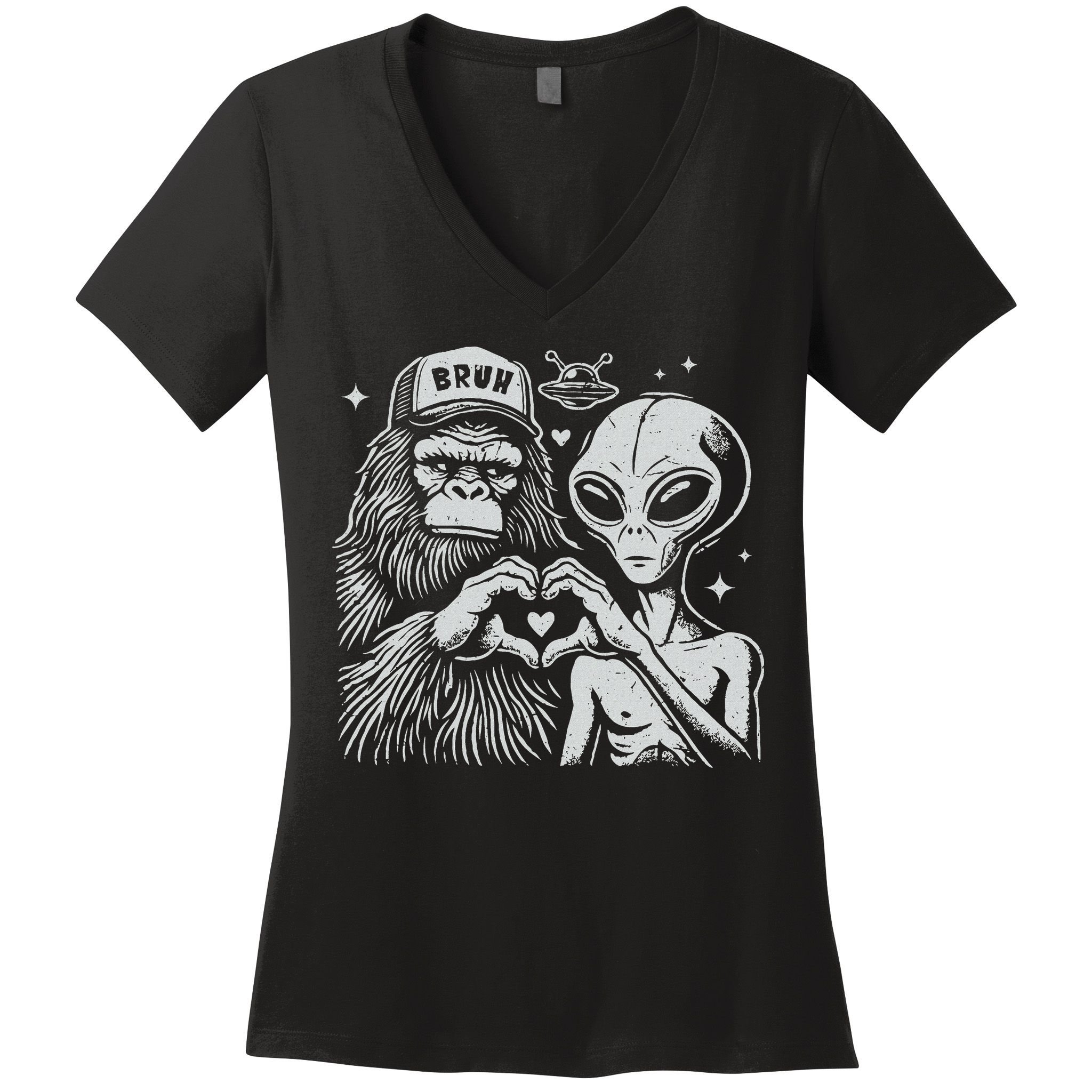 Vintage Funny Bigfoot And Alien Heart Hand Sign Women's V-Neck T-Shirt