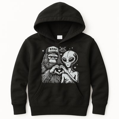 Vintage Funny Bigfoot And Alien Heart Hand Sign Kids Hoodie