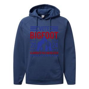 Vote For Bigfoot 2024 Funny Sasquatch Presidential Election Performance Fleece Hoodie