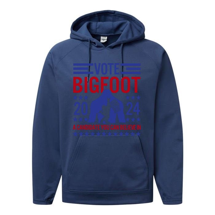 Vote For Bigfoot 2024 Funny Sasquatch Presidential Election Performance Fleece Hoodie