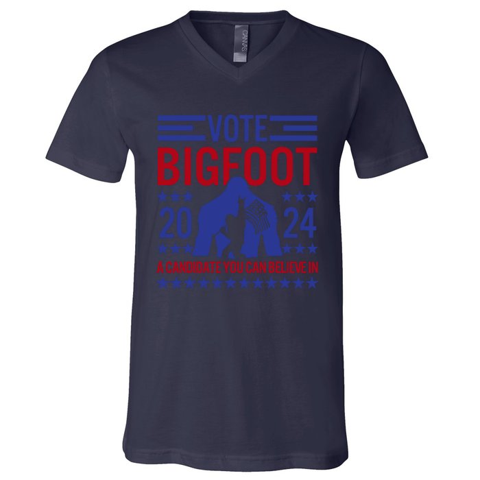 Vote For Bigfoot 2024 Funny Sasquatch Presidential Election V-Neck T-Shirt