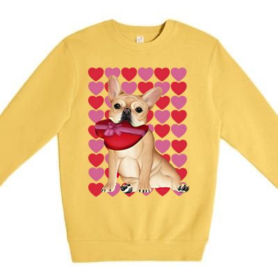 Valentine's French Bulldog With Heart Box Of Chocolates Cool Gift Premium Crewneck Sweatshirt