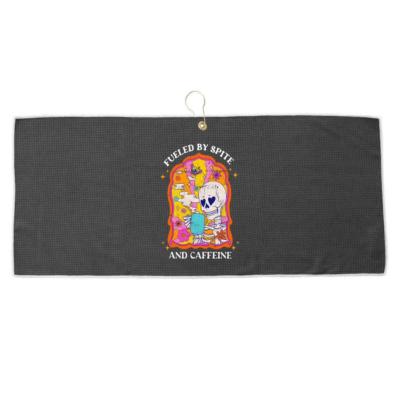 Vintage Fueled By Spite And Caffeine Skeleton Halloween Large Microfiber Waffle Golf Towel