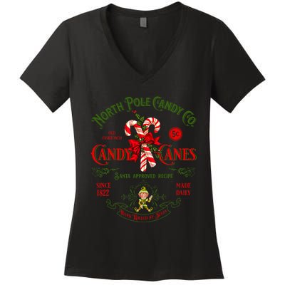 Vintage Funny Christmas Candy Cane North Poles Xmas Costume Women's V-Neck T-Shirt