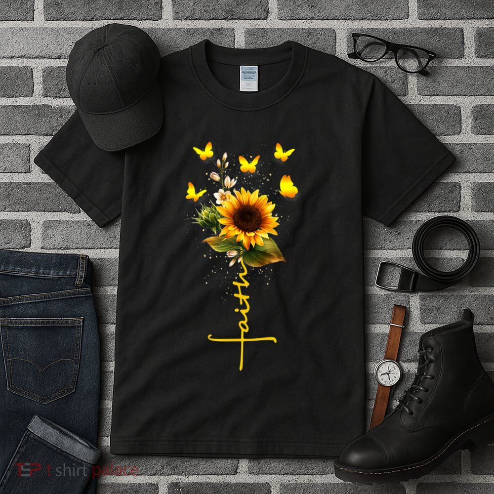 Vintage Faith Cross Sunflower Butterflies Flowers Christians Tall T-Shirt
