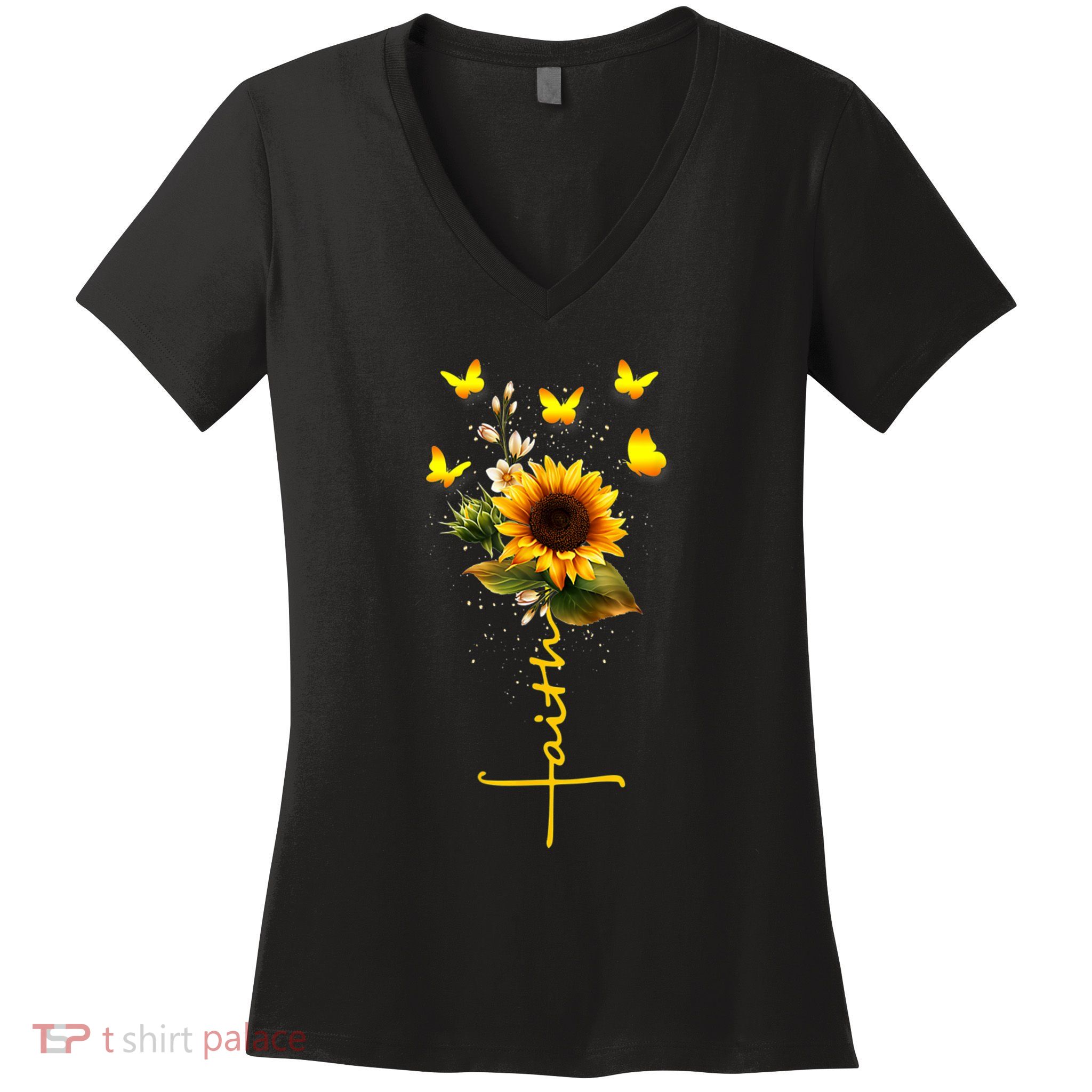 Vintage Faith Cross Sunflower Butterflies Flowers Christians Women's V-Neck T-Shirt