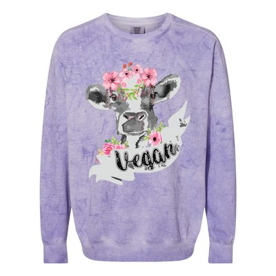 Vegan Funny Cow With Flower Headband Gift Colorblast Crewneck Sweatshirt