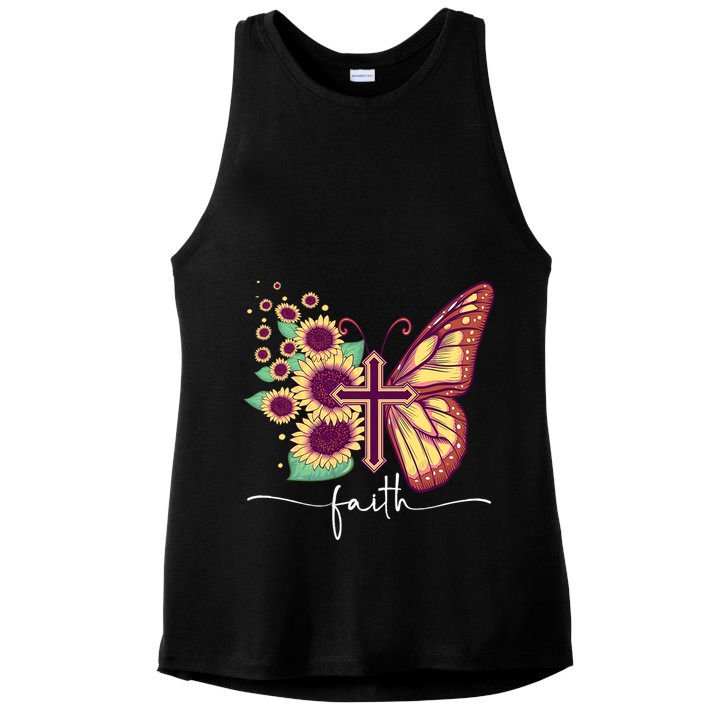 Vintage Faith Cross Sunflower Butterfly Christian Ladies PosiCharge Tri-Blend Wicking Tank