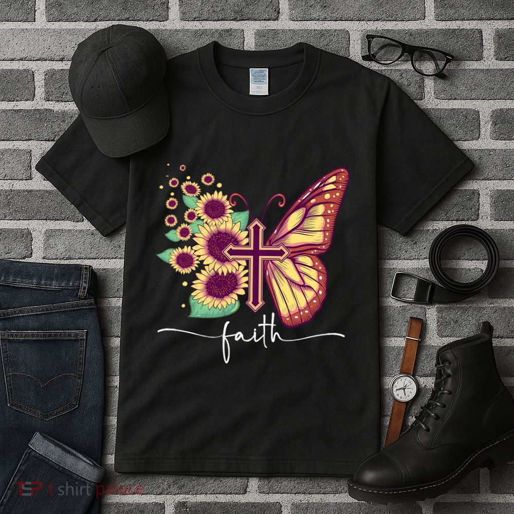 Vintage Faith Cross Sunflower Butterfly Christian Tall T-Shirt