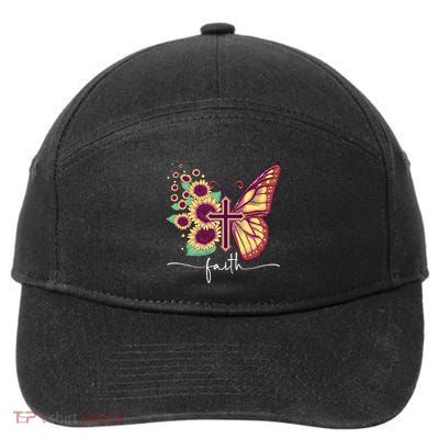 Vintage Faith Cross Sunflower Butterfly Christian 7-Panel Snapback Hat
