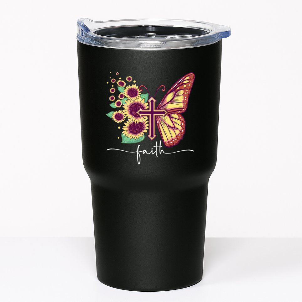 Vintage Faith Cross Sunflower Butterfly Christian Tumbler