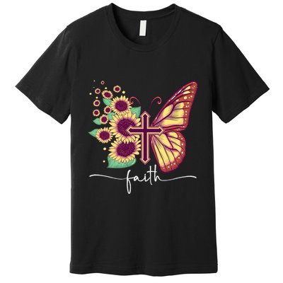 Vintage Faith Cross Sunflower Butterfly Christian Premium T-Shirt