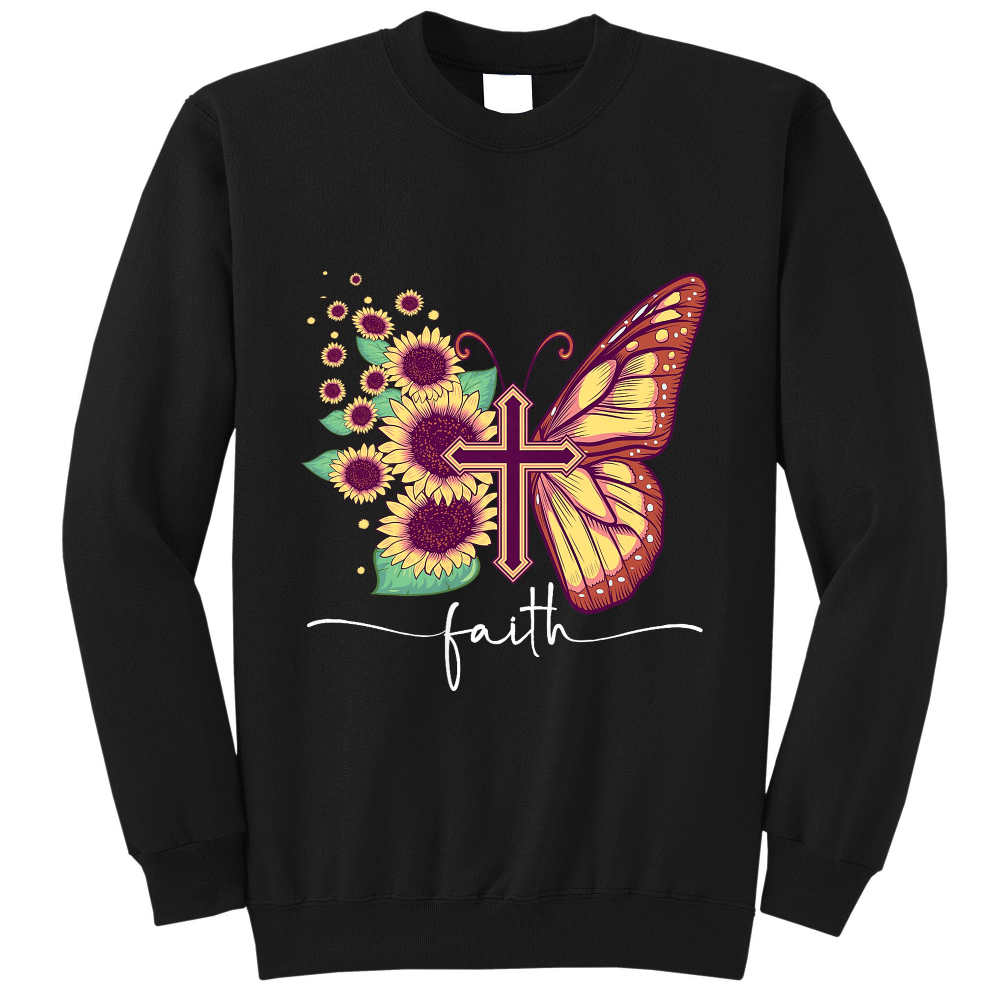 Vintage Faith Cross Sunflower Butterfly Christian Tall Sweatshirt