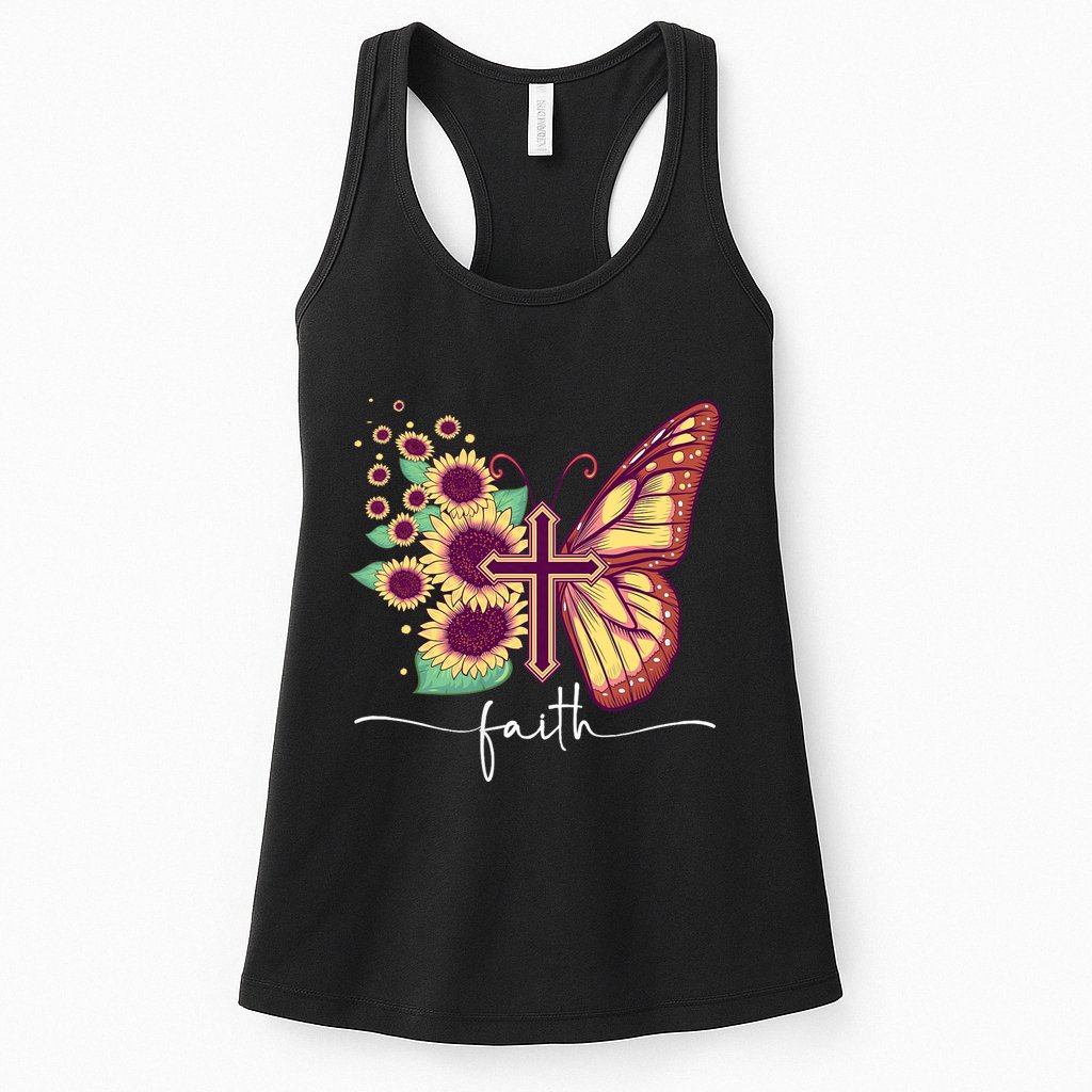 Vintage Faith Cross Sunflower Butterfly Christian Womens Tank Top