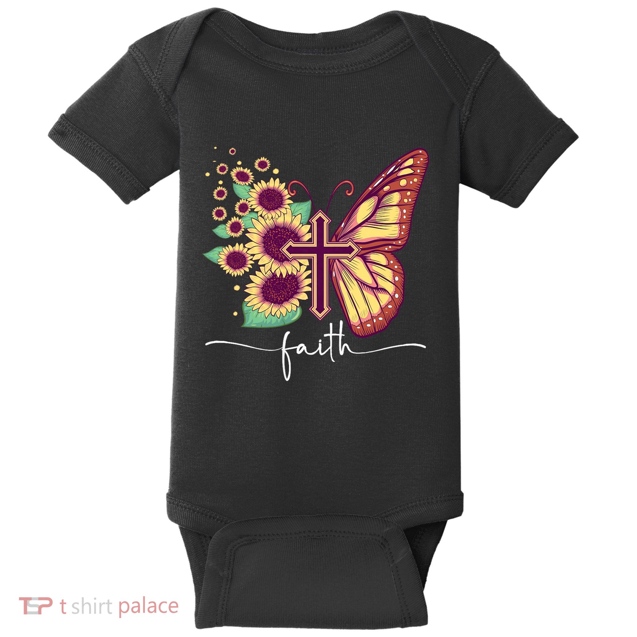 Vintage Faith Cross Sunflower Butterfly Christian Baby Bodysuit