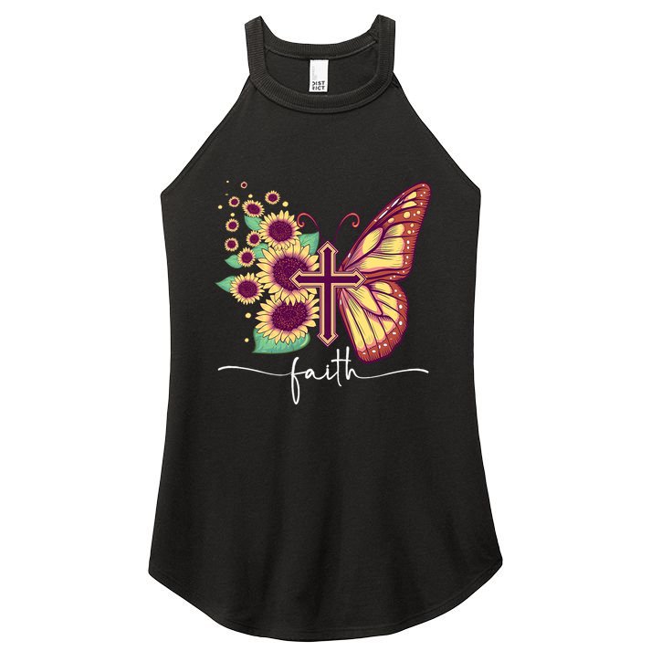 Vintage Faith Cross Sunflower Butterfly Christian Women's Perfect Tri Rocker Tank