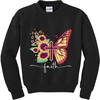 Vintage Faith Cross Sunflower Butterfly Christian Kids Sweatshirt