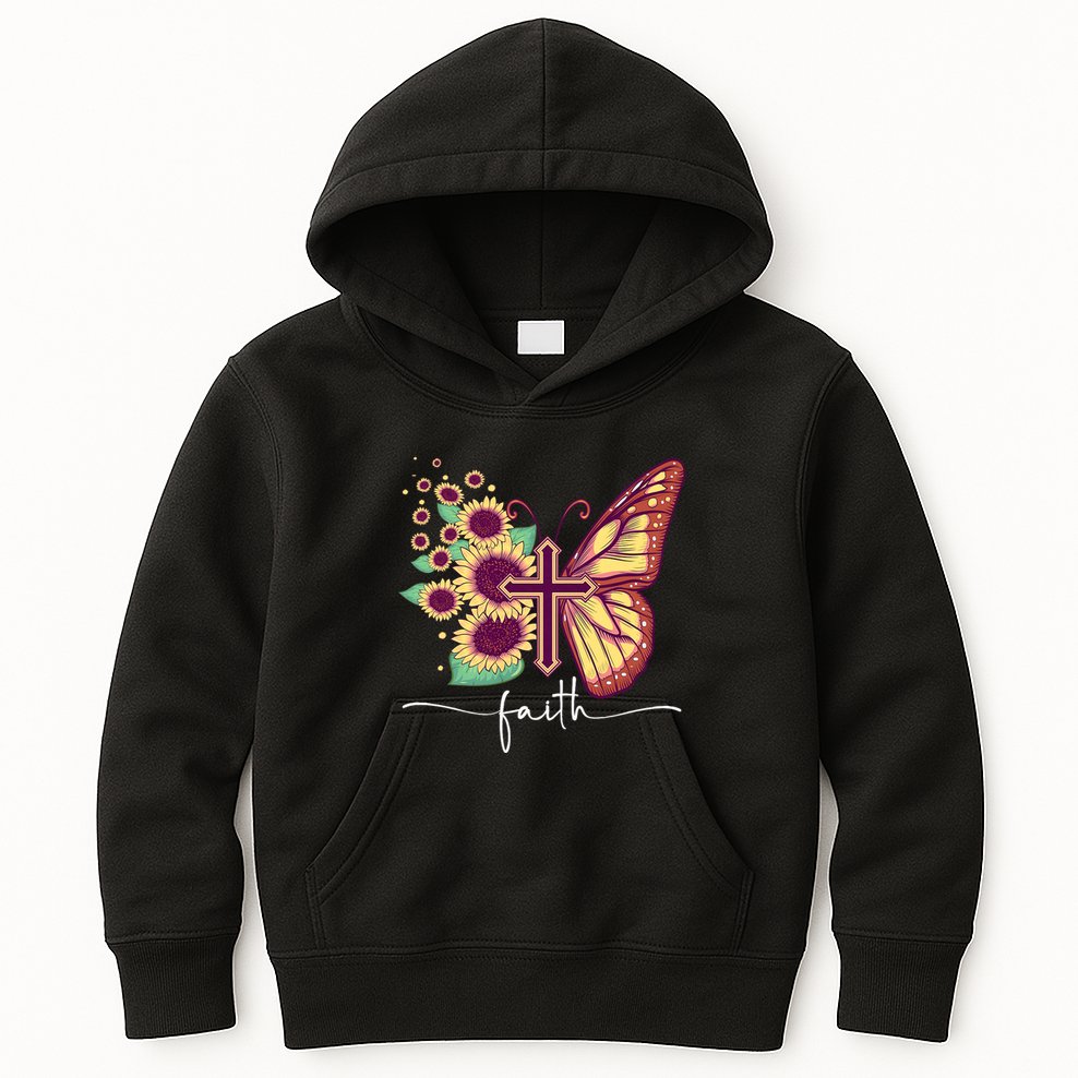 Vintage Faith Cross Sunflower Butterfly Christian Kids Hoodie