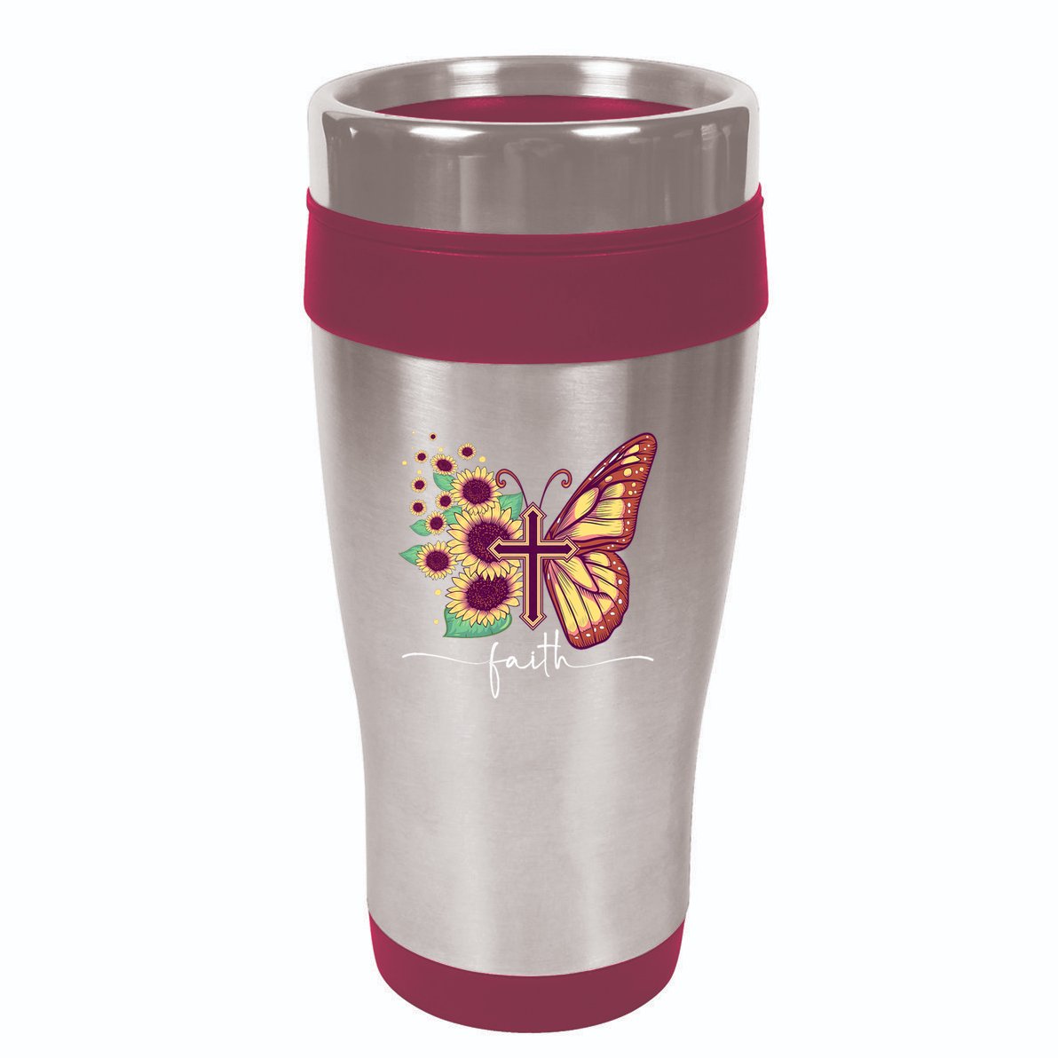 Vintage Faith Cross Sunflower Butterfly Christian 16oz Travel Tumbler