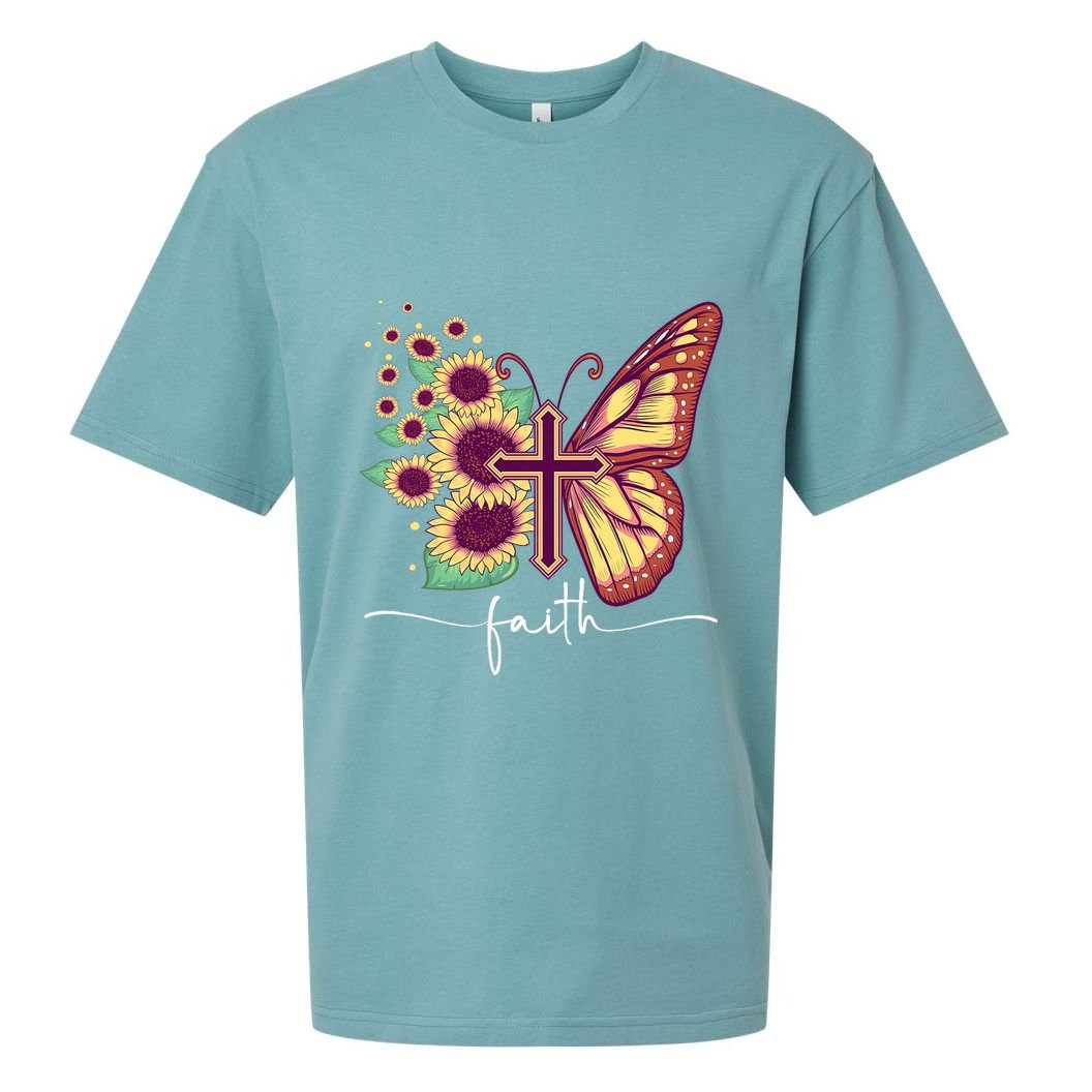Vintage Faith Cross Sunflower Butterfly Christian Sueded Cloud Jersey T-Shirt