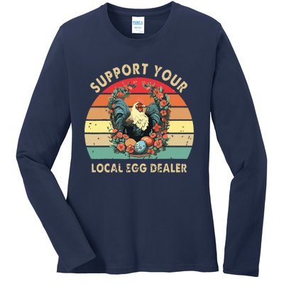 Vintage Farmer Chicken Lover Support Your Local Egg Dealer Ladies Long Sleeve Shirt