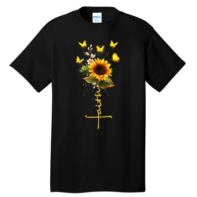 Vintage Faith Cross Sunflower Butterflies Flowers Christians Tall T-Shirt