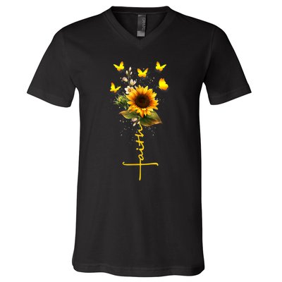 Vintage Faith Cross Sunflower Butterflies Flowers Christians V-Neck T-Shirt