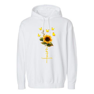 Vintage Faith Cross Sunflower Butterflies Flowers Christians Garment-Dyed Fleece Hoodie