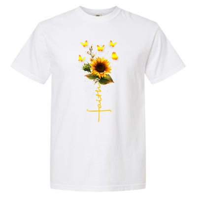 Vintage Faith Cross Sunflower Butterflies Flowers Christians Garment-Dyed Heavyweight T-Shirt