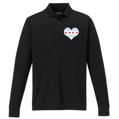 Vintage Faded Chicago Flag Heart Gift Performance Long Sleeve Polo