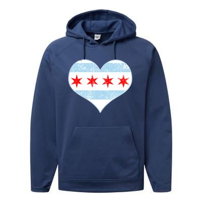 Vintage Faded Chicago Flag Heart Gift Performance Fleece Hoodie