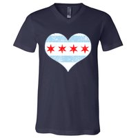 Vintage Faded Chicago Flag Heart Gift V-Neck T-Shirt