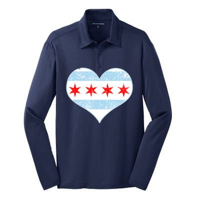 Vintage Faded Chicago Flag Heart Gift Silk Touch Performance Long Sleeve Polo