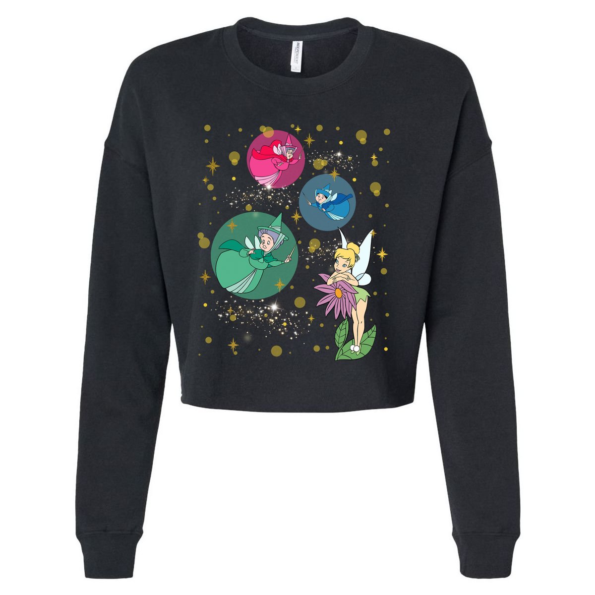 Vintage Fairies Characters Group Flora Fauna Merryweather Cropped Pullover Crew