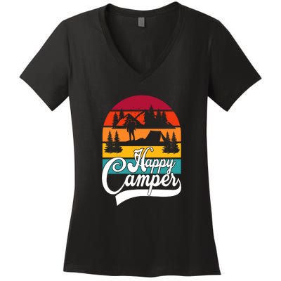 Vintage Funny Camping Hiking Lover Present Happy Camper Gift Women's V-Neck T-Shirt