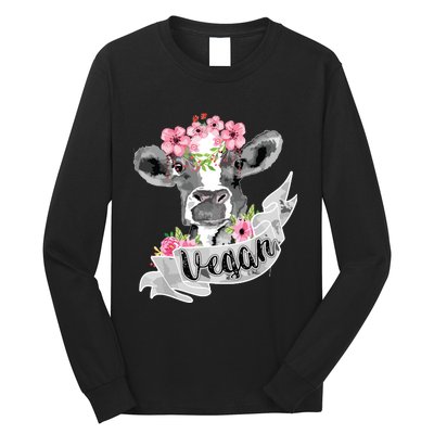 Vegan Funny Cow With Flower Headband Gift Long Sleeve Shirt