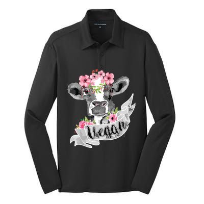 Vegan Funny Cow With Flower Headband Gift Silk Touch Performance Long Sleeve Polo