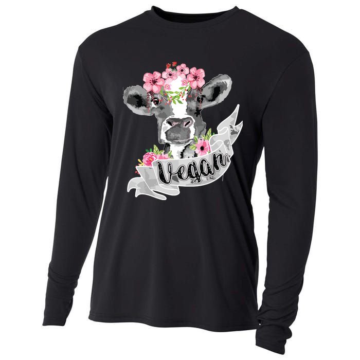 Vegan Funny Cow With Flower Headband Gift Cooling Performance Long Sleeve Crew