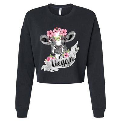 Vegan Funny Cow With Flower Headband Gift Cropped Pullover Crew